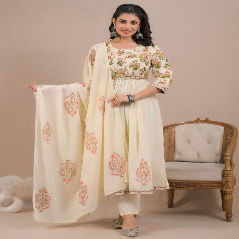 Anarkali Style Cotton Fabric Cream Color Kurta And Bottom With Dupatta