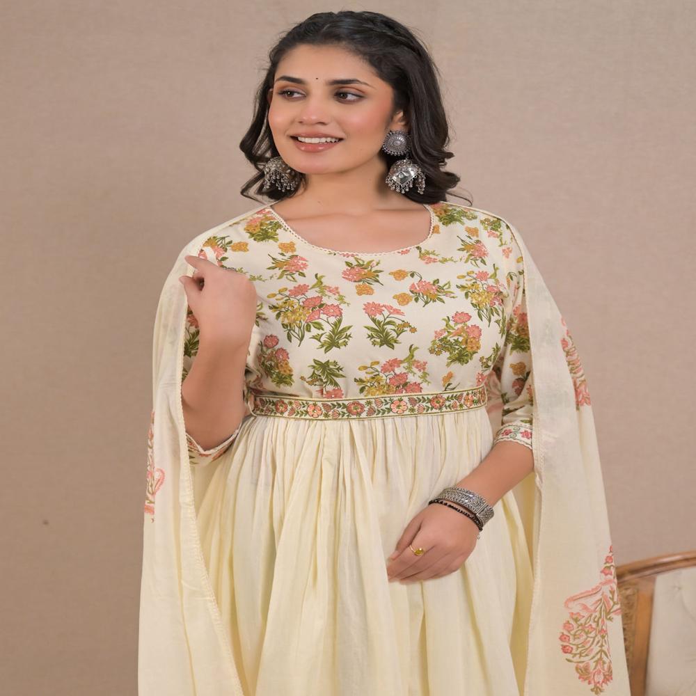 Anarkali Style Cotton Fabric Cream Color Kurta And Bottom With Dupatta