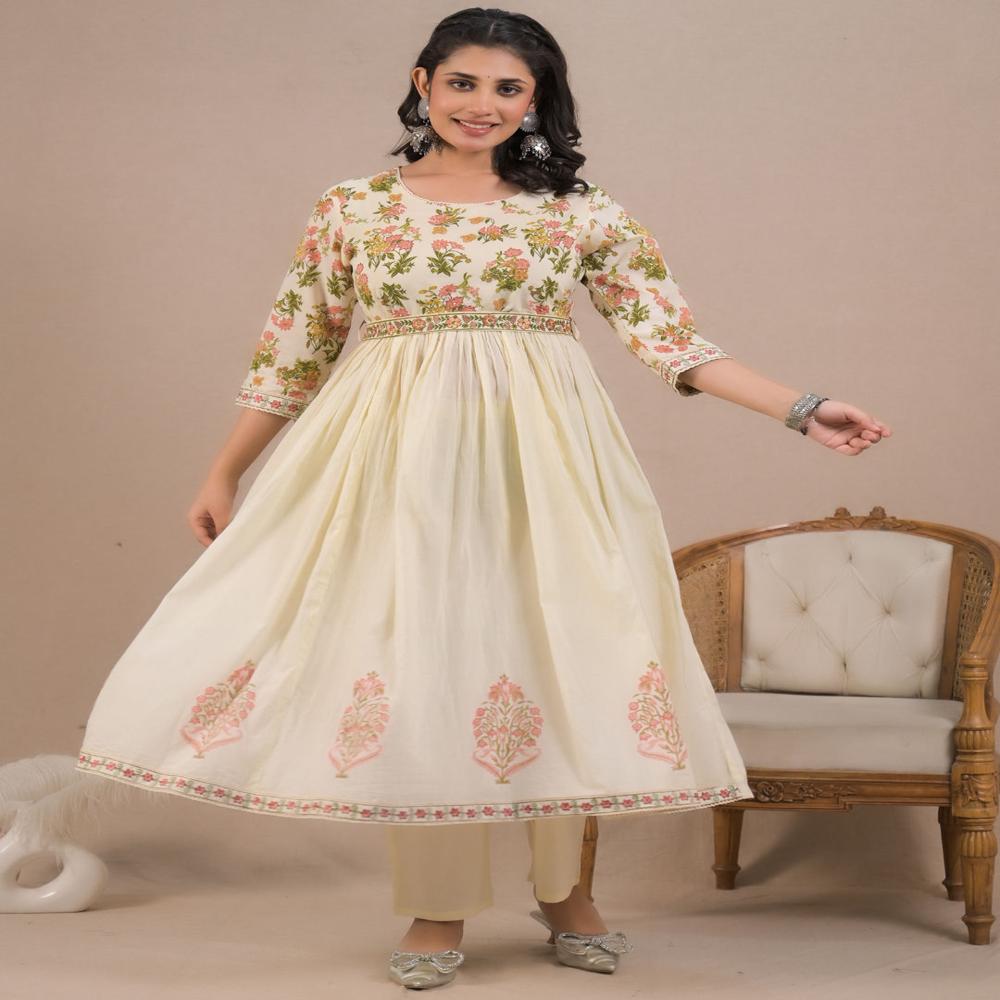 Anarkali Style Cotton Fabric Cream Color Kurta And Bottom With Dupatta