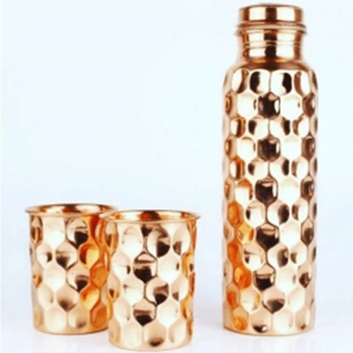Pure Copper Daimond Design Water Bottle With 2 Glass