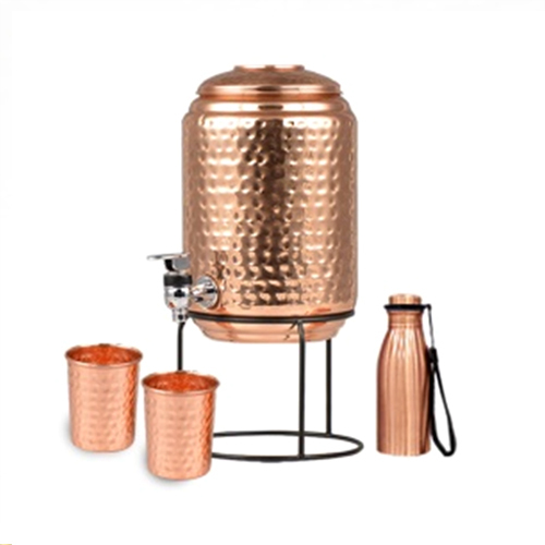 Hammered Finish Copper Water Dispenser-2 Glass And Stand With Copper Bottle - Color: Different Available