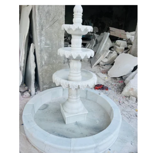 Makrana Marble White Carving Water Fountain - Pool Size: Large