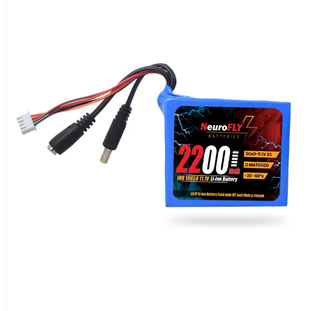 NeuroFLY 11.1V 2200mAh 3S 18650 Li-Ion Battery Pack 2C 3S1P Li-Ion Battery with Male & Female DC Jack and 4 Pin JST Connector