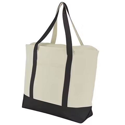 Customized Eco-Friendly Cotton Shopping Tote Canvas Bag Natural Standard Size Multi-Pocket Two Tones Grocery Letter Decoratio