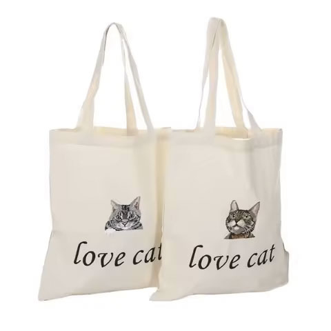 Eco Friendly Creamy Beige Black Blank Reusable Cotton Shopping Bag Canvas Plain Tote Bags with Logo for Women Shoulder Grocery