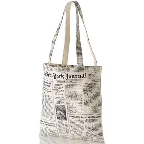 Custom Extra Large Cotton Canvas Tote Bag Recycled Newspaper Printing Shoulder Shopping Bag with Letter Pattern