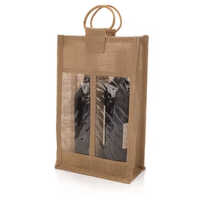 Eco-Friendly Natural Jute Wine Tote Bag with Window Durable Burlap Shopping Bag 4 Bottles Capacity Cane Handle-for Promotions