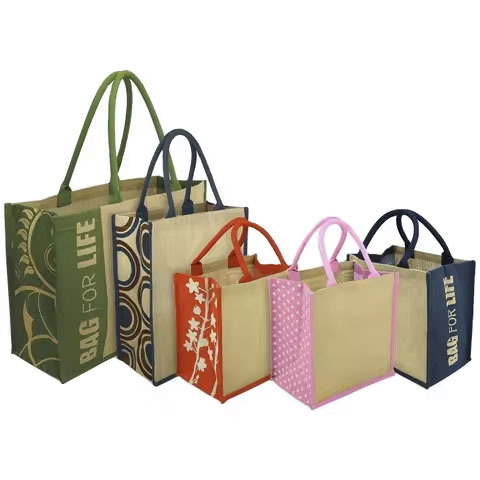Custom Printed Jute Tote Bags Washable Reusable Natural Burlap Wine Bags with Canvas Front Pocket for Gifts Weddings Shopping