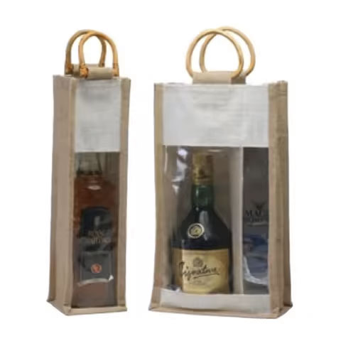 Handmade Double Jute Wine Carrier Tote Bag with Wooden Handles Drawstring Closure Bottom Reinforcement Folding Design-Gift Bag