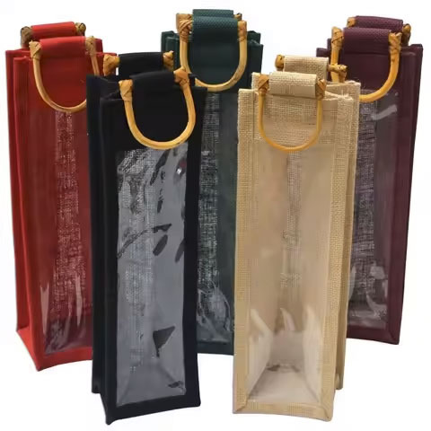 ONE Bottele Jute Bag Wine Gift Felt Carrier Tote Bag With Handle Wine for Wedding Birthday Christmas Durable Sustainable