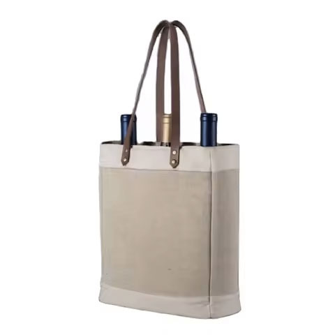 Light Gray Color Natural Double Jute Wine Bags with Wooden Handles Handmade Gift Bag Felt Wine Carrier Tote Bag