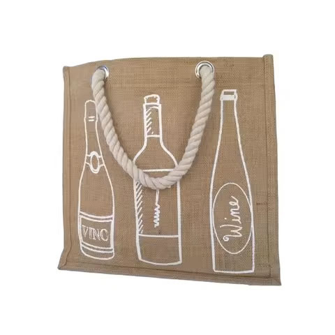 Handmade Jute Wine Carrier Tote Bag with Handles for Glass Bottles Packaging in Weddings & Parties Promotional Gift Bag
