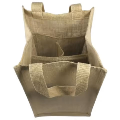 Handmade Water and Wine Bottle Carrier Tote Bag with Wooden Handles Double Jute Fabric Washable Feature Gift Bag