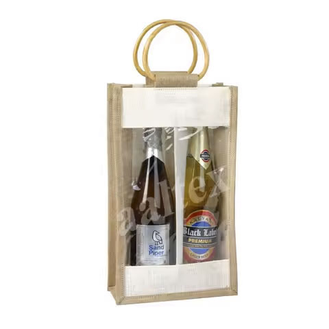 Handmade Double Jute Wine Carrier Tote Bag with Wooden Handles Drawstring Closure Bottom Reinforcement Folding Design-Gift Bag