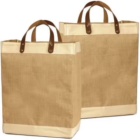 Latest Designed Jute Tote Bag with Letter Printed Wholesale Leather Handle Shopping Bag OEM Casual Burlap Beach Bag