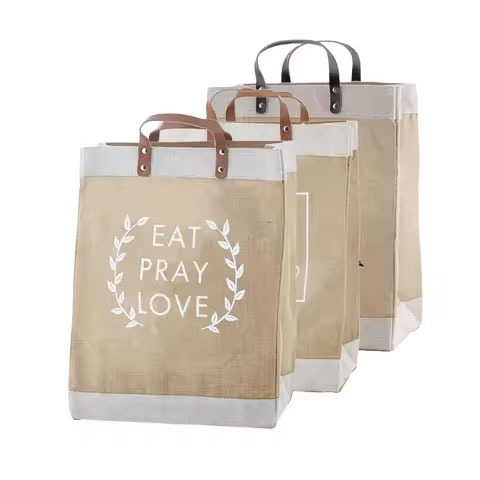 Wholesale Manufacturers Printed Logos Fashion White Small Tote Jute Shopping Bags Carry Shopping Bags with Zipper Leather Handle