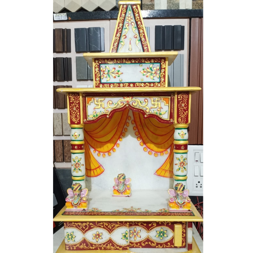 Painted White Marble Pooja Temple - Hardness: Solid