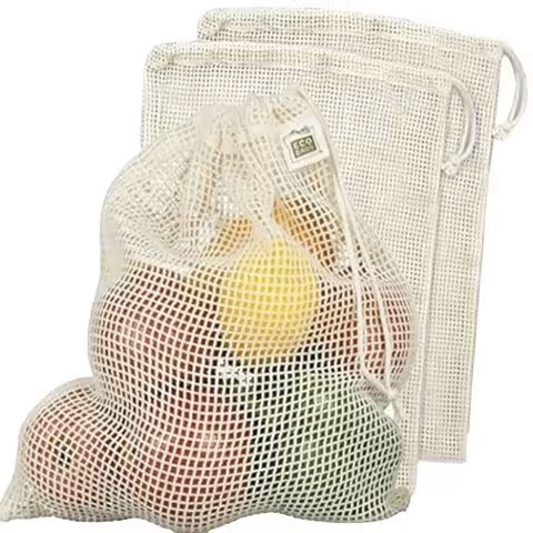 Cotton Mesh Reusable Produce Packaging Bags Natural Biodegradable and Recyclable Machine Washable and Durable