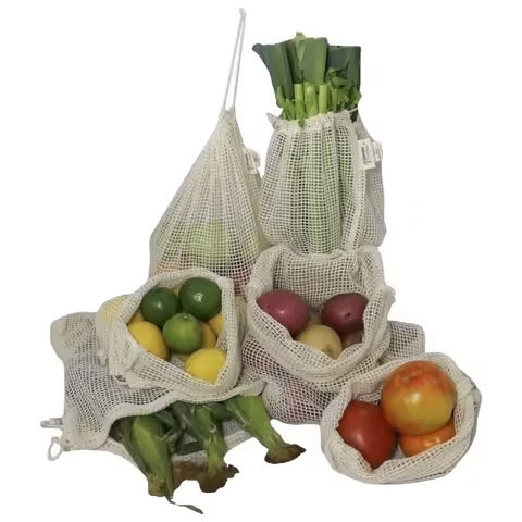 Reusable Organic Cotton Produce Bags Set with Drawstring for Grocery Shopping Fruit Vegetable Cotton Mesh Laundry Bag Washable