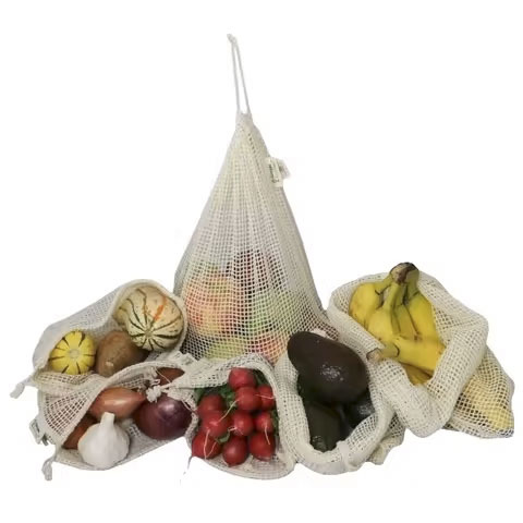 Eco-Friendly Cotton Mesh Shopping Bags with Handles Wholesale Reusable Fruit & Vegetable Grocery Tote Packing Bags
