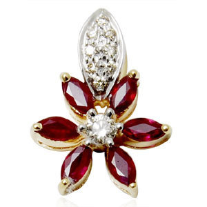Ruby Flower Pendant With Diamonds, Marquise Ruby Diamond Pendants, Gold Pendant Design For Women Gender: Women'S