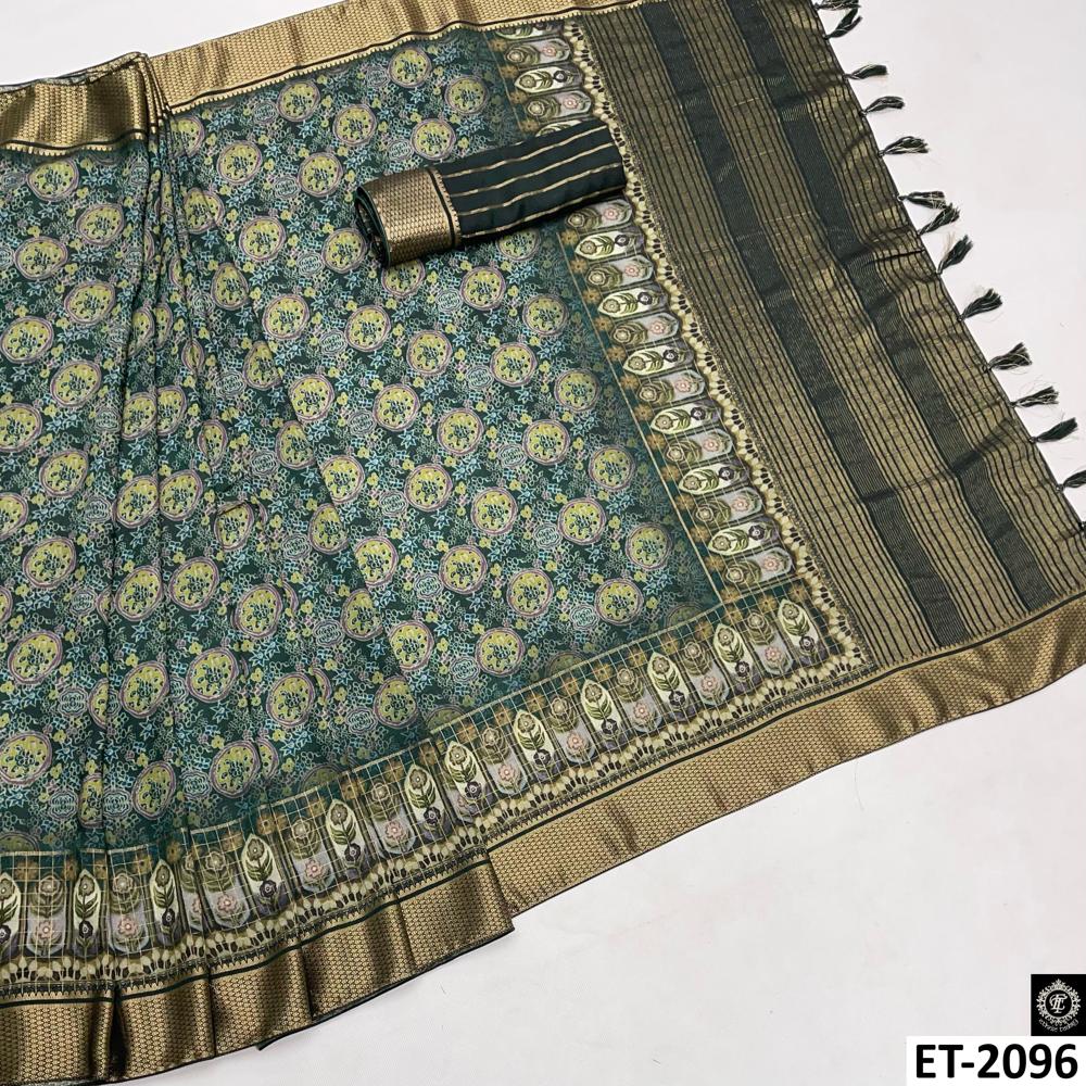 GREEN FLORAL BLOCK PRINT SAREE