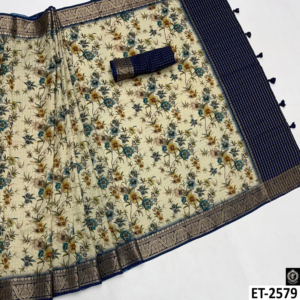 Woven Design Zari Border Saree - Color: Cream With Blue