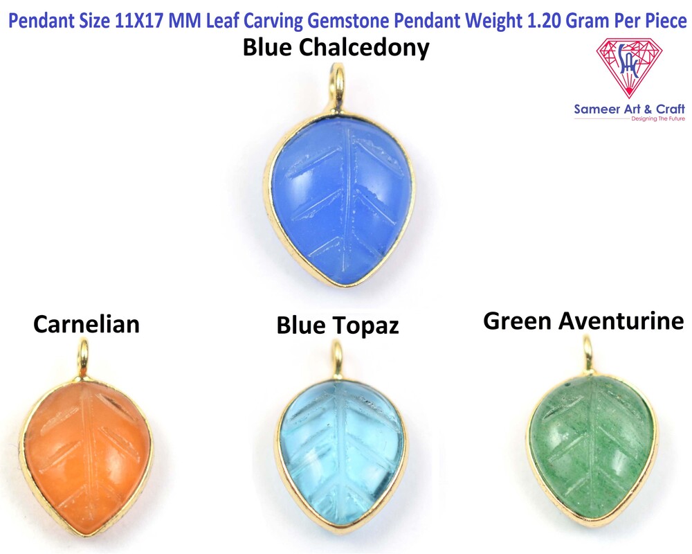 Natural Multi Gemstone Leaf Design Carving Gold Plated Pendant