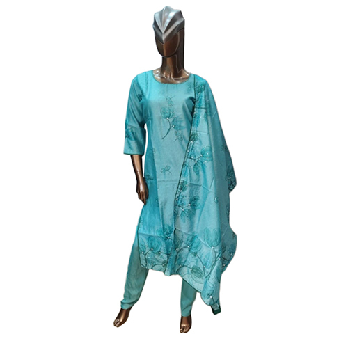 187 Kpdsh 3 Pcs Ladies Chanderi Suit Set - Color: Blue