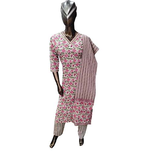 0119 Kpdsh Ladies 3 Pcs Pure Cotton Kurti Set - Color: Pink