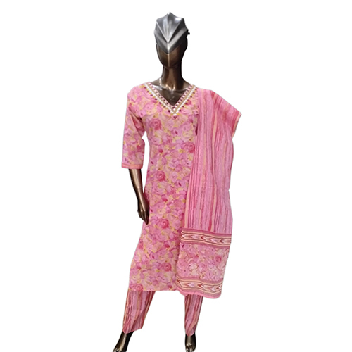 0117 Kpdse Ladies 3 Pcs Pure Cotton Kurti Set - Color: Pink