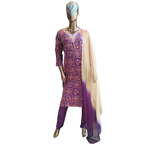 246 Kpdsh Ladies 3 Pcs Rayon Print Suit Set - Color: Purple