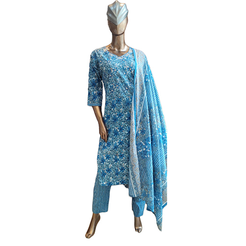 234 Kpdsh Ladies 3 Pcs Cotton Suit Set - Color: Blue