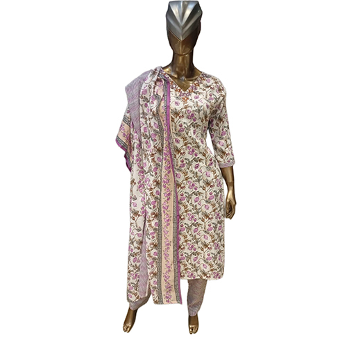 213 Kpdsh Ladies 3 Pcs Cotton Suit Set - Color: White
