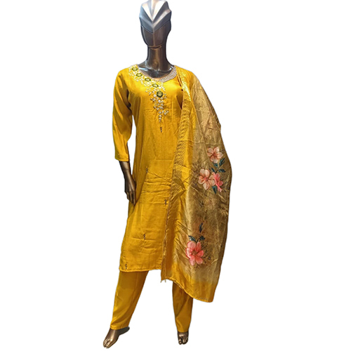 0125 Kpdsh Ladies 3 Pcs Dola Silk Kurti Set - Color: Yellow