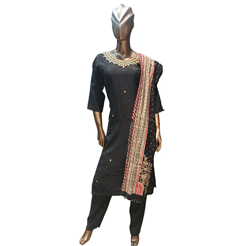 0121 Kpdsh Ladies 3 Pcs Chanderi Silk Kurti Set - Color: Black
