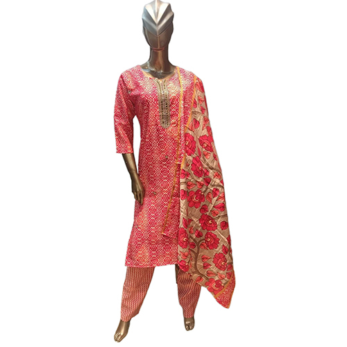 0123 Kpdsh Ladies 3 Pcs Royal Chanderi Kurti Set - Color: Red