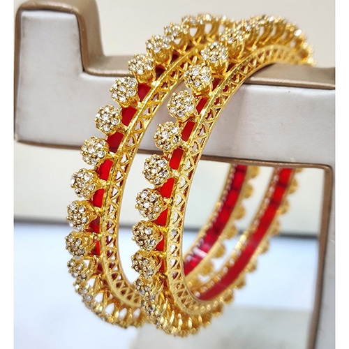 Gold Plated Red Kundan Studded Bangles - Color: Golden