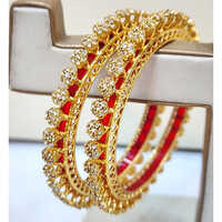 Gold Plated Red Kundan Studded Bangles - Color: Golden