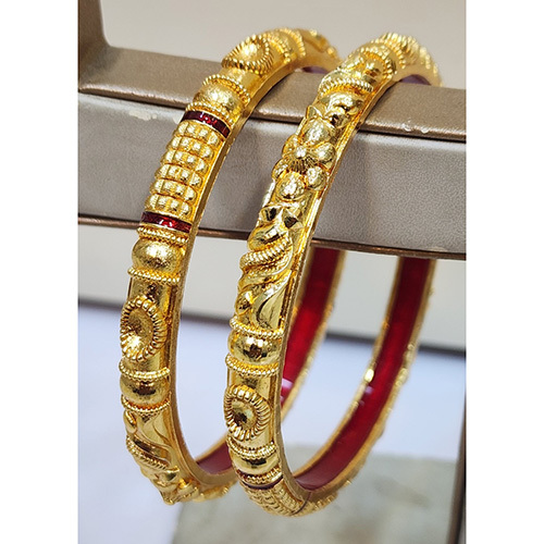 Traditional Wear Gold Red Shaded Bangles - Color: Golden