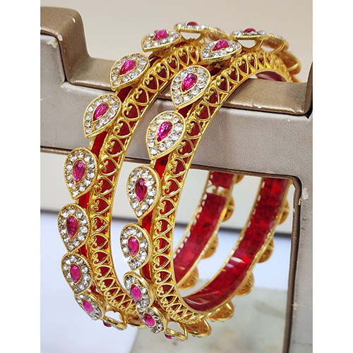 Gold Plated Kundan And Austrian Stone Bangles Set - Color: Golden