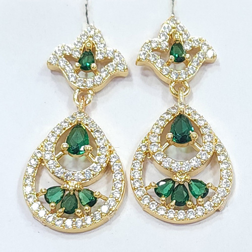 Green And White Zircon Fan Shape Dangle Imitation Earrings - Color: Golden