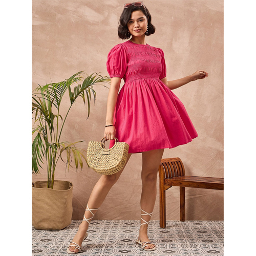 Magenta Poplin Smocked Mini Dress