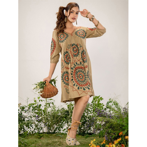 Brown Embroidered Puff Sleeve Short Dress