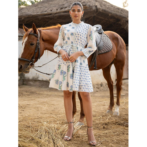 White Printed Fit And Flare Short Tiered Dress