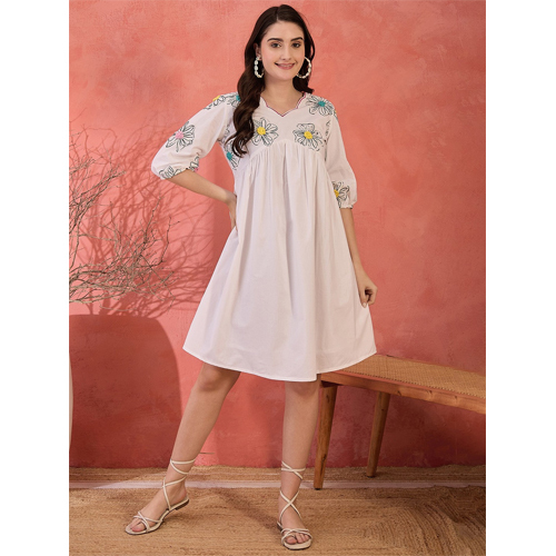 Floral Embroidered Puff Sleeves Empire Dress