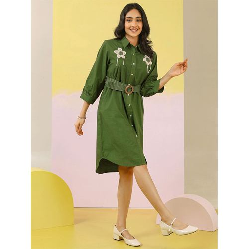 Green Floral Applique Work Shirt Dress