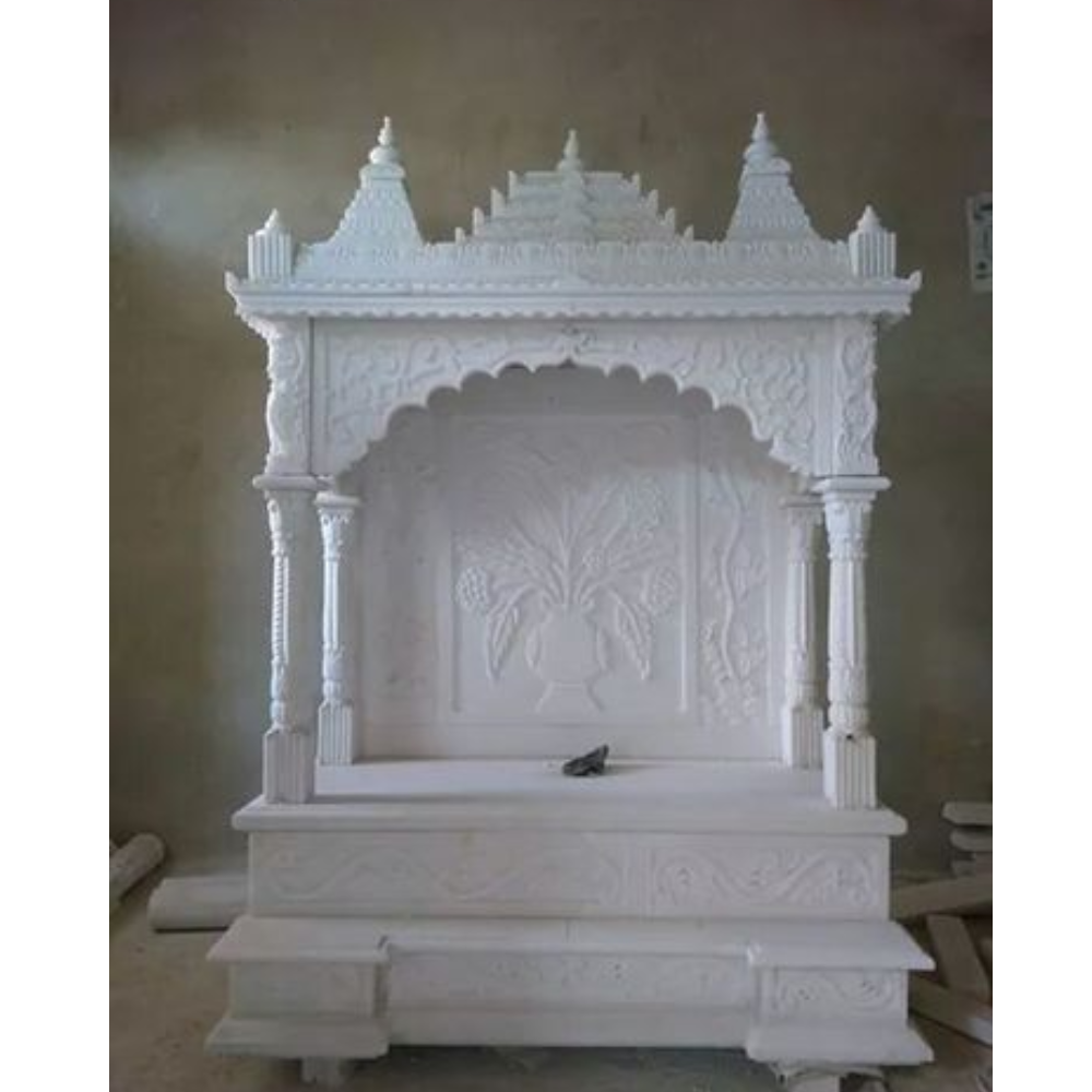 Carved Makrana Marble Indoor Mandir - Color: White