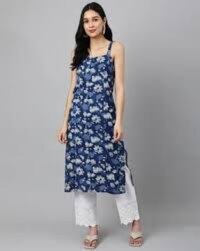 Navy Blue Floral Printed Straight Kurti