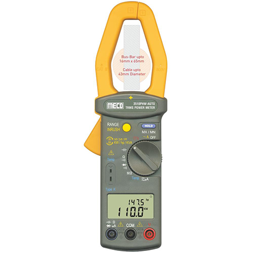 3510PHW-AUTO Clamp-On TRMS Power Meter (1000A, 600kW) Autoranging with Dual Display